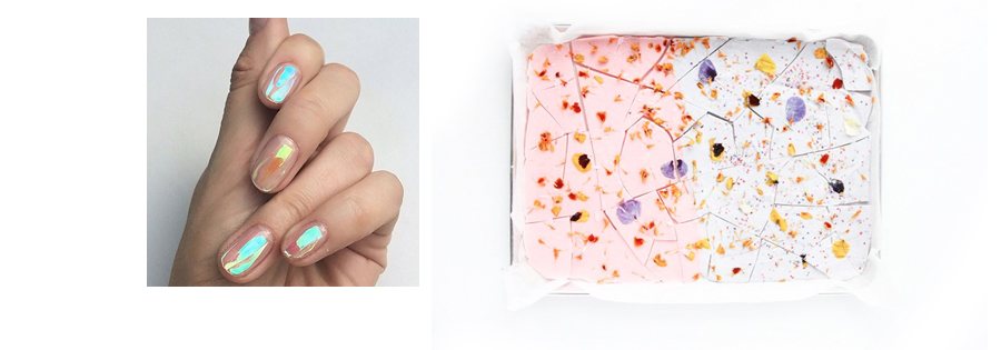 holographis nails and color block eatable flower cake